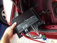 Getting ready to make the connections using the FARK kit from ********!  JL XD 400/4 amp going in!