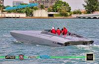 DCB (Dave's Custom Boats) M-41. Built in El Cajon, CA. 
Two 9.0 Liter, Quad Cam, Twin Turbo Mercury Racing  
V-8s. 1350 HP each, 2700 HP total.  175 MPH. 
...