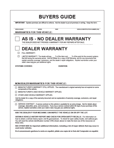 No Dealer Warranty 300 Dealer Warranty Federal Buyers Guide As Is 